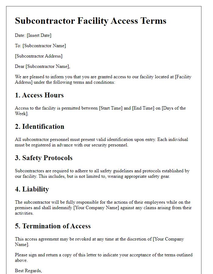 Letter template of subcontractor facility access terms.