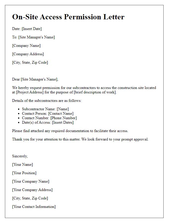 Letter template of subcontractor on-site access permission.