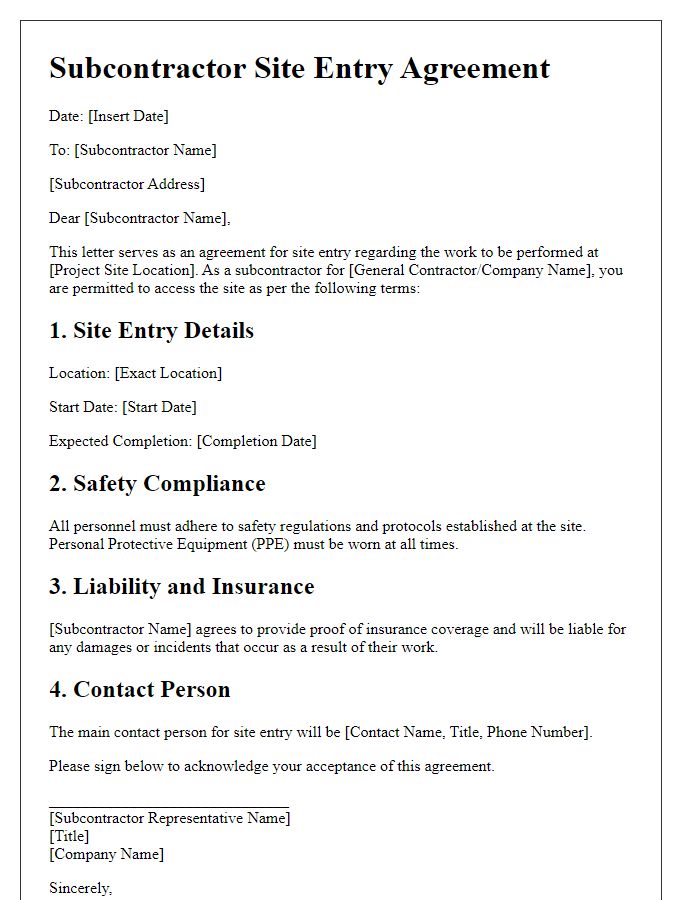 Letter template of subcontractor site entry agreement.