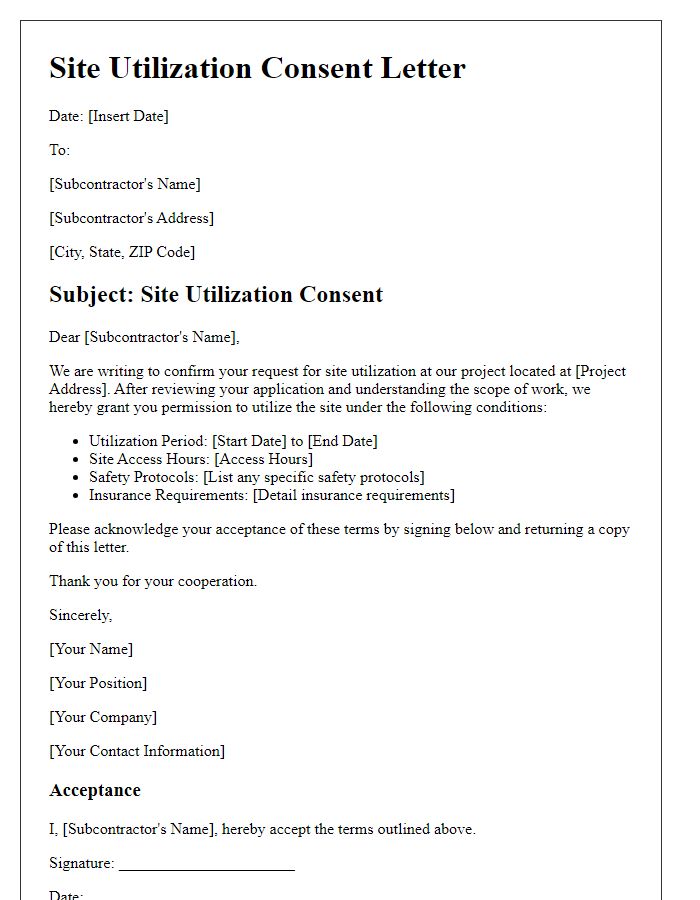 Letter template of subcontractor site utilization consent.