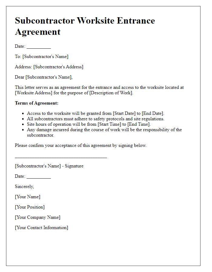 Letter template of subcontractor worksite entrance agreement.