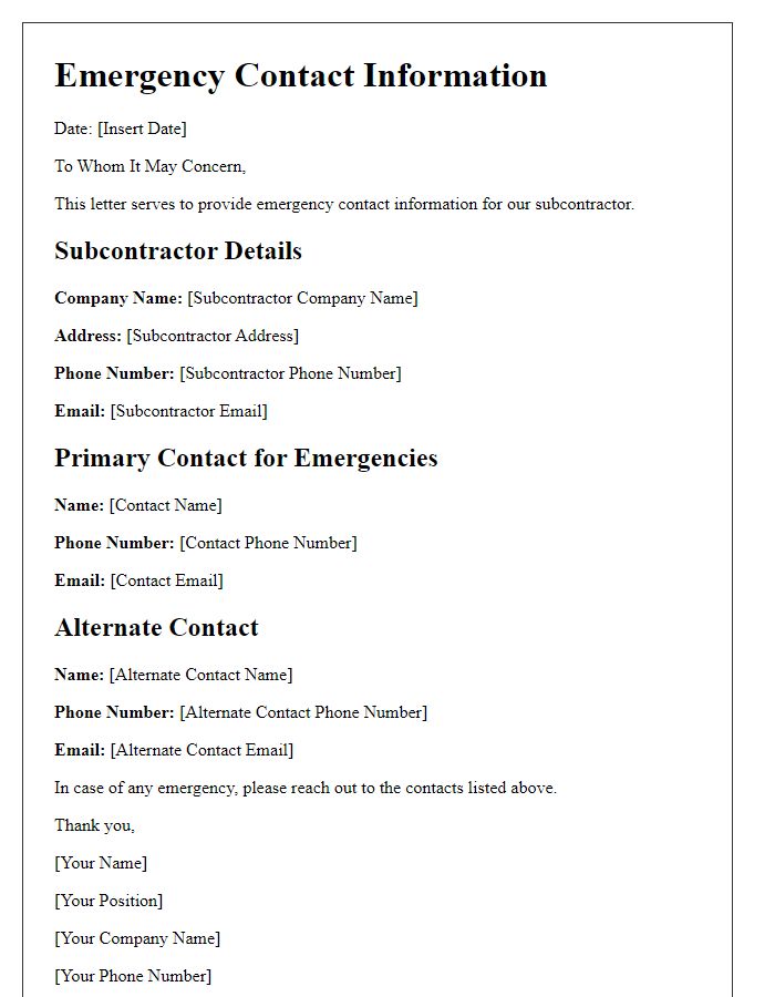 Letter template of subcontractor contact info for emergency situations