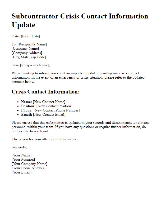 Letter template of subcontractor crisis contact information update