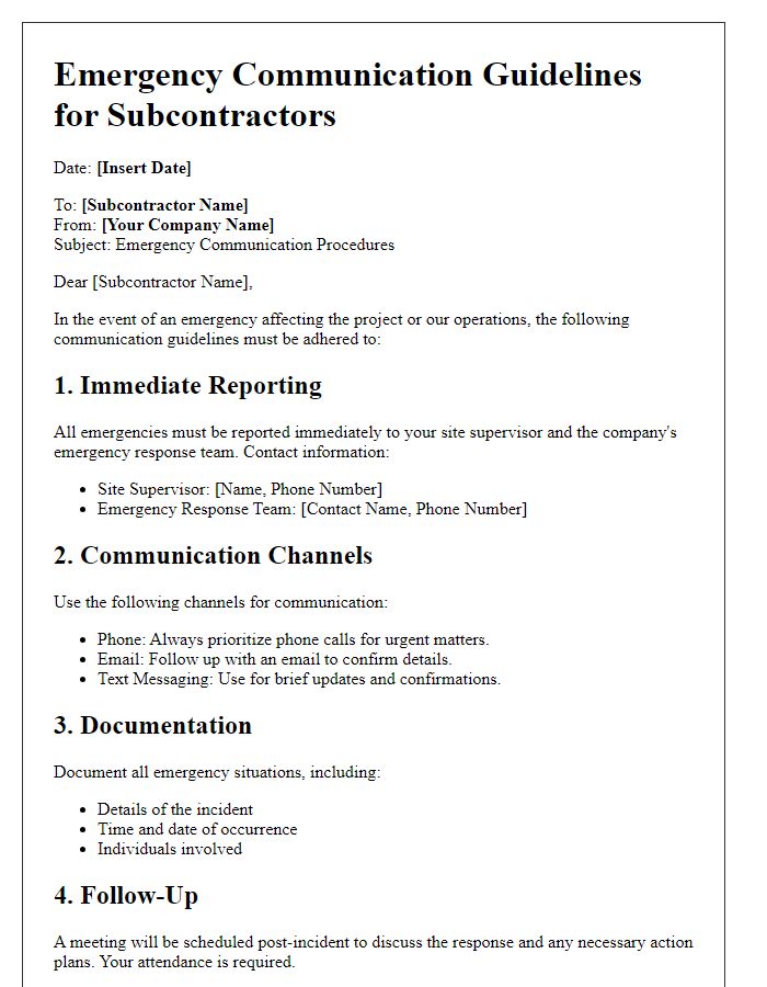 Letter template of subcontractor emergency communication guidelines