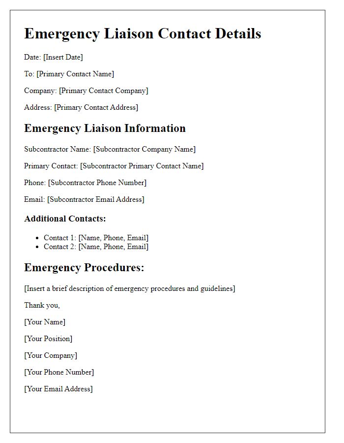 Letter template of subcontractor emergency liaison contact details