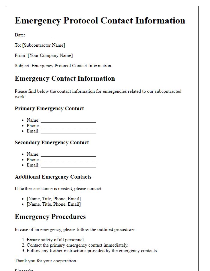 Letter template of subcontractor emergency protocol contact information