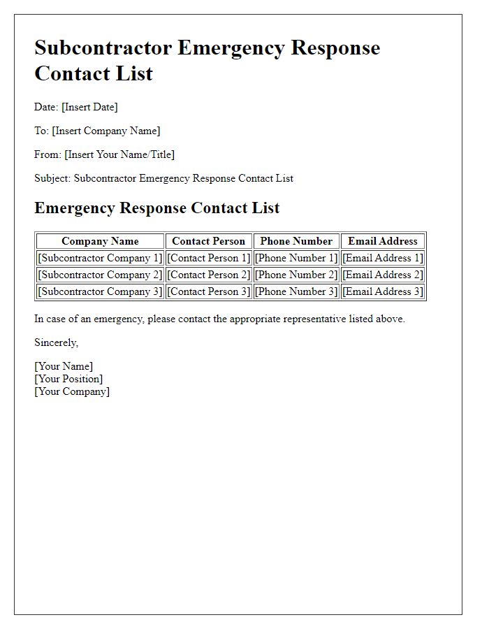 Letter template of subcontractor emergency response contact list