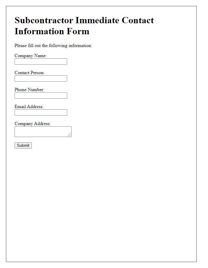 Letter template of subcontractor immediate contact information form