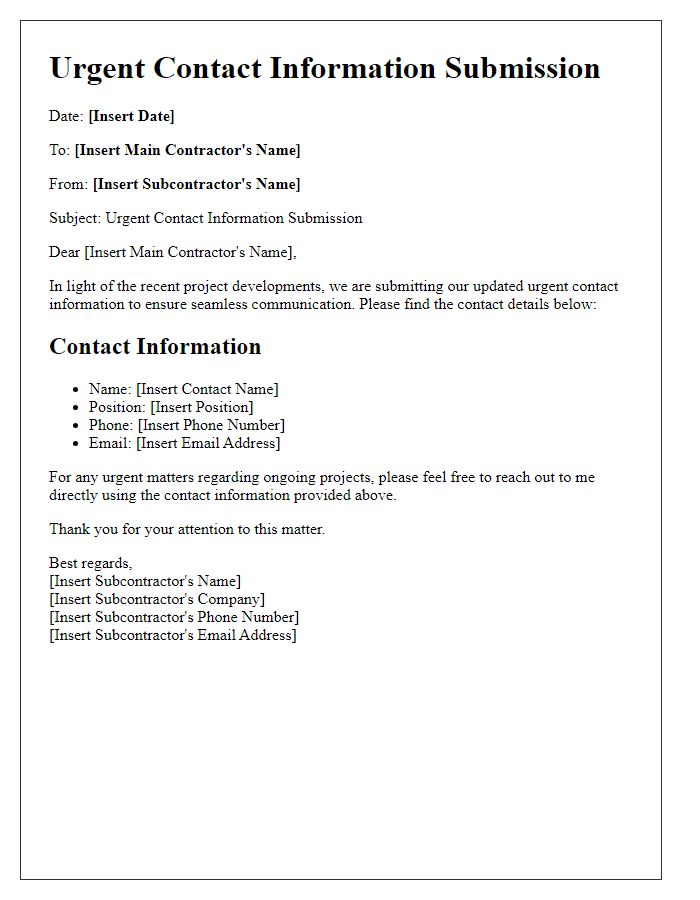 Letter template of subcontractor urgent contact information submission