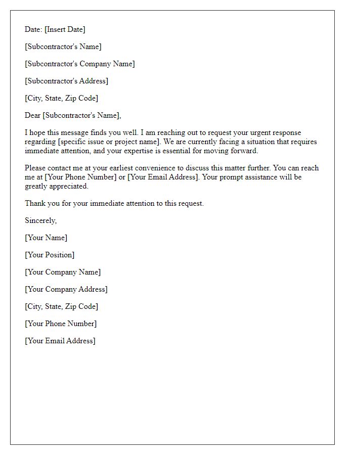 Letter template of subcontractor urgent response contact request