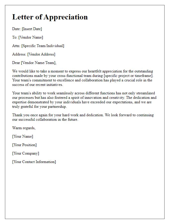 Letter template of appreciation for vendor cross-functional team contributions