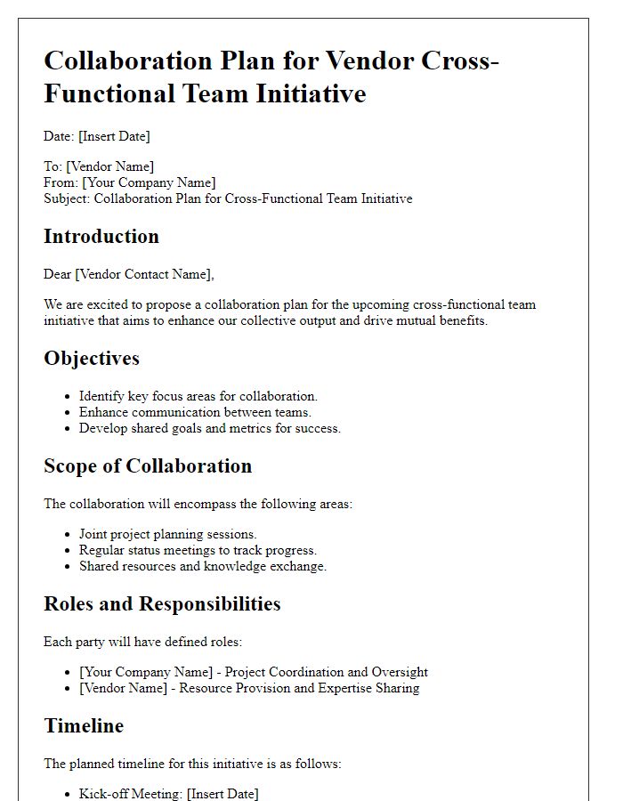 Letter template of collaboration plan for vendor cross-functional team initiative