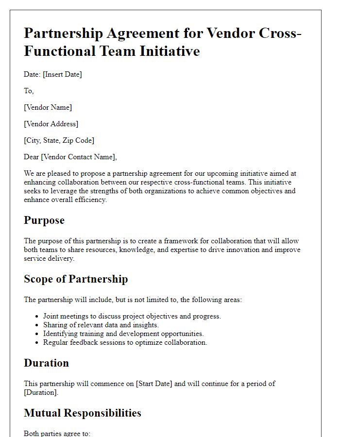 Letter template of partnership agreement for vendor cross-functional team initiative