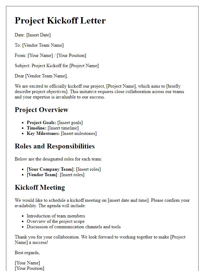 Letter template of project kickoff for vendor cross-functional team effort