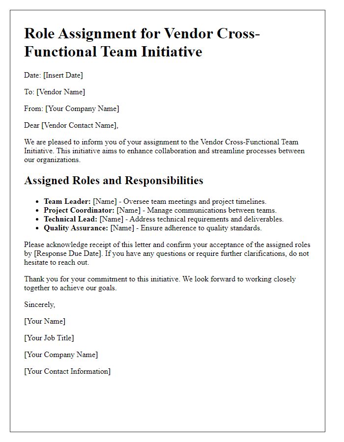 Letter template of role assignment for vendor cross-functional team initiative