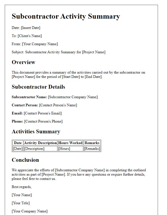 Letter template of subcontractor activity summary