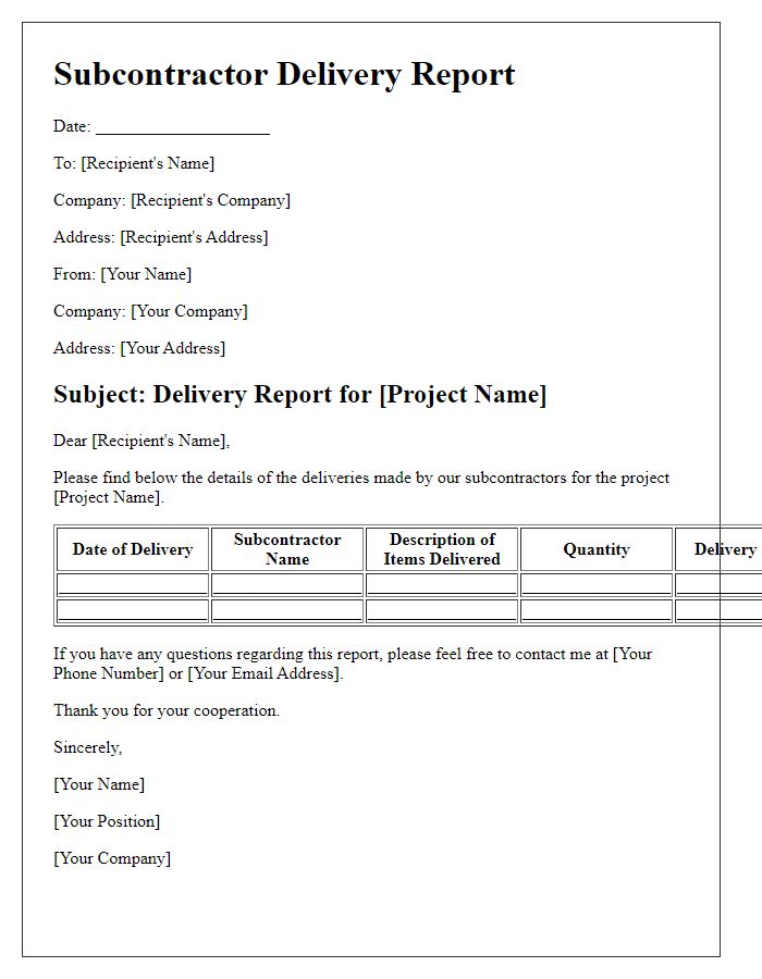 Letter template of subcontractor delivery report