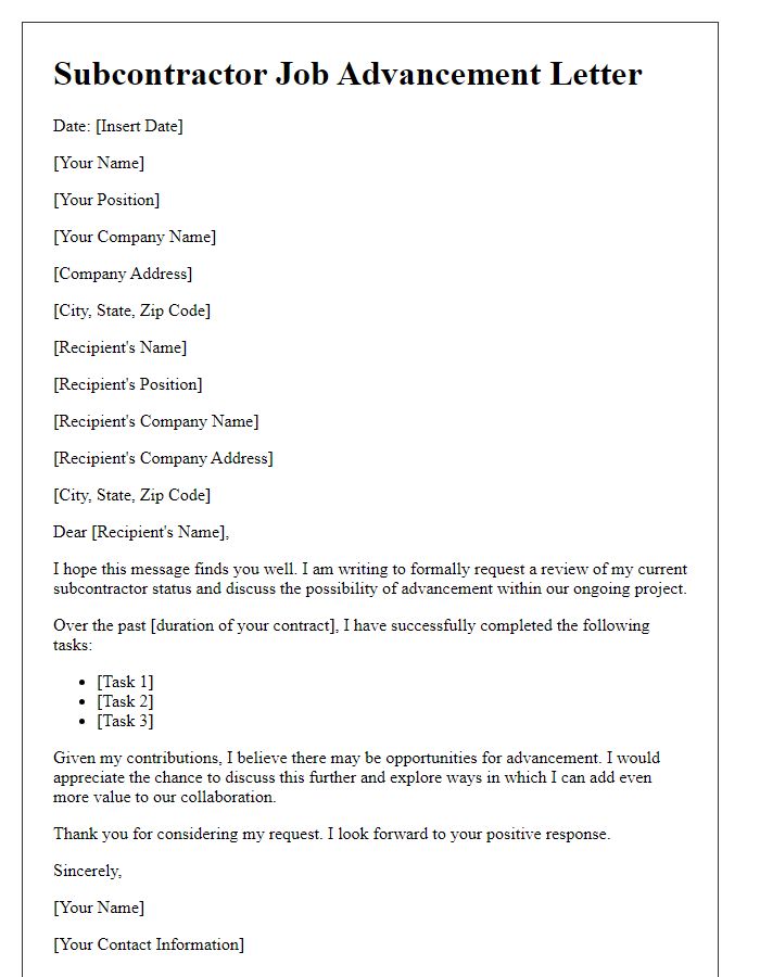 Letter template of subcontractor job advancement