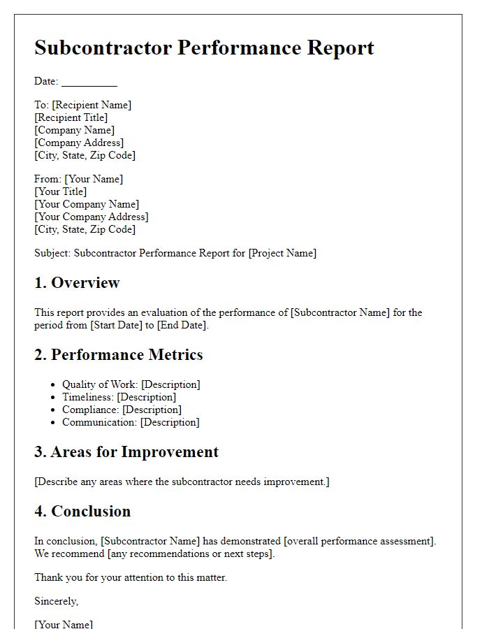 Letter template of subcontractor performance report