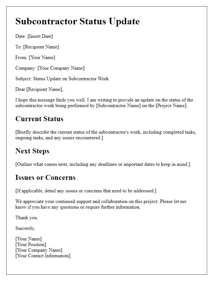 Letter template of subcontractor status update
