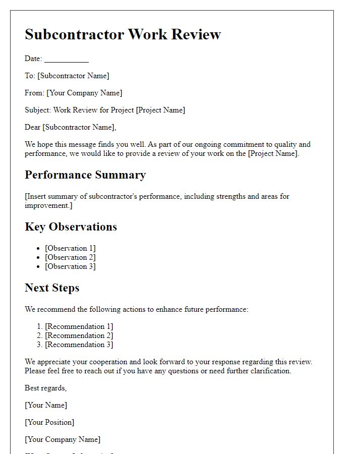 Letter template of subcontractor work review