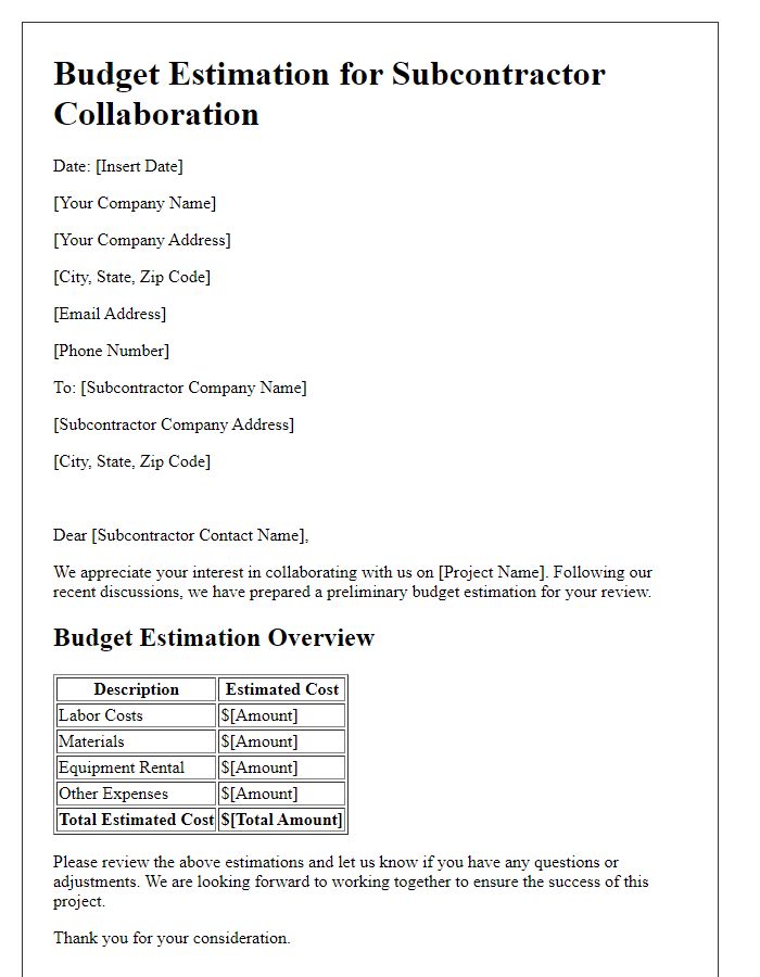 Letter template of budget estimation for subcontractor collaboration