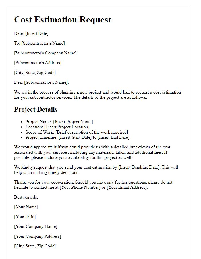 Letter template of cost estimation request for subcontractor services