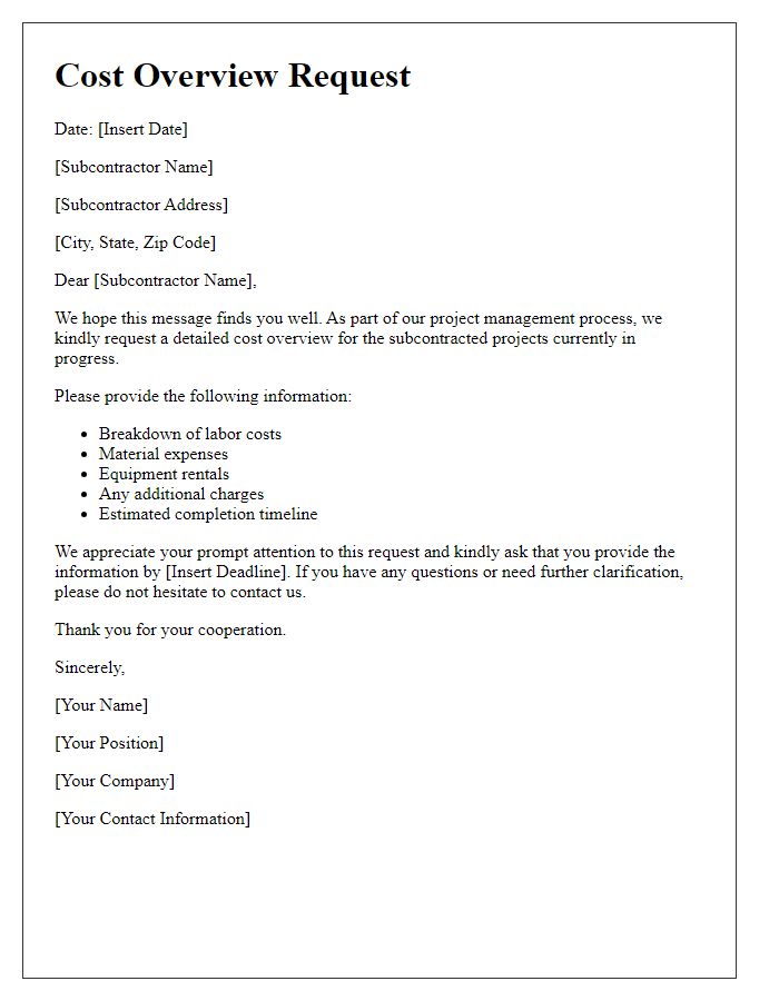 Letter template of cost overview request for subcontractor projects