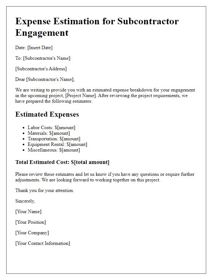 Letter template of expense estimation for subcontractor engagement