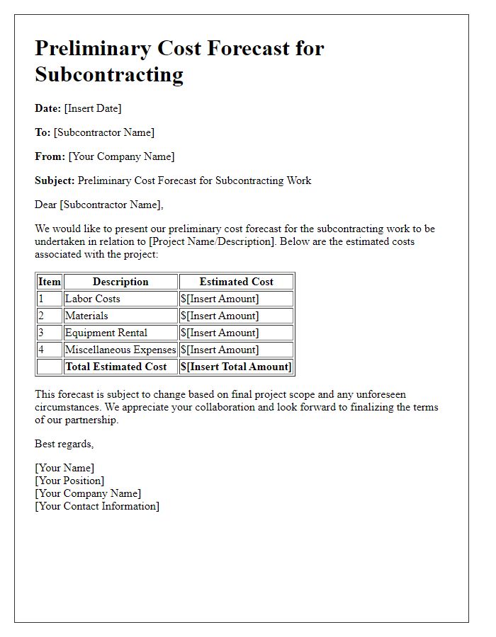 Letter template of preliminary cost forecast for subcontracting