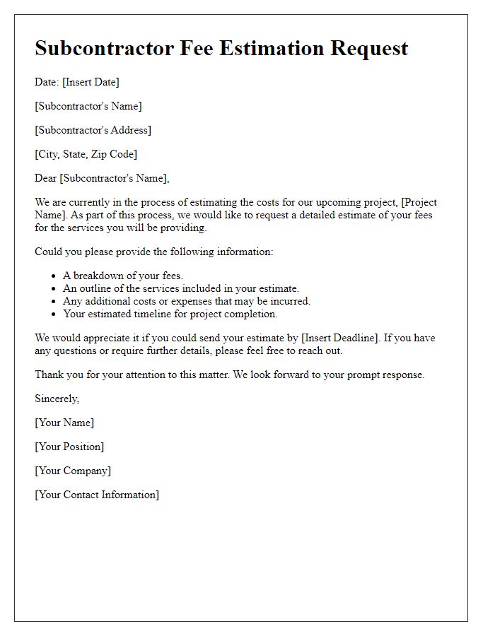 Letter template of subcontractor fee estimation request