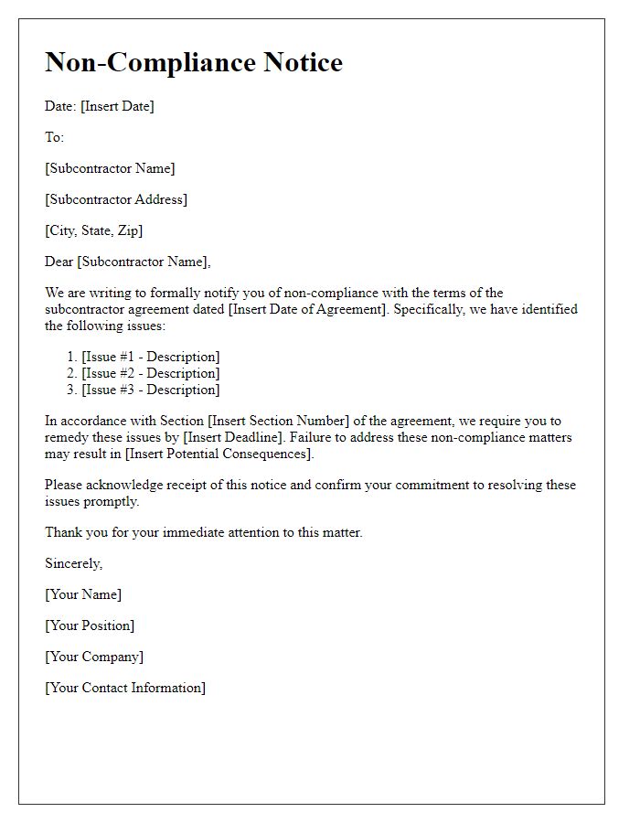 Letter template of subcontractor agreement non-compliance notice