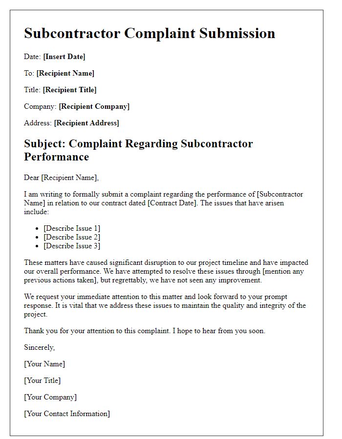 Letter template of subcontractor complaint submission