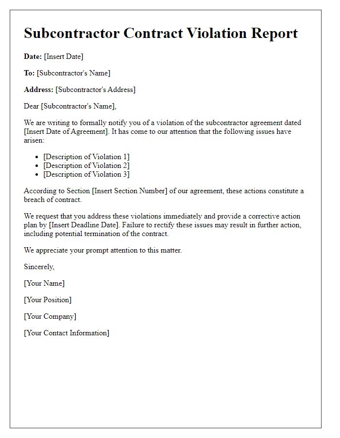 Letter template of subcontractor contract violation report