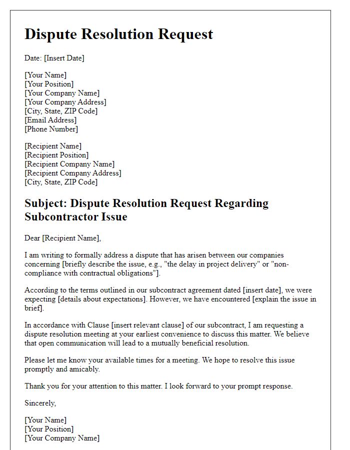 Letter template of subcontractor dispute resolution request