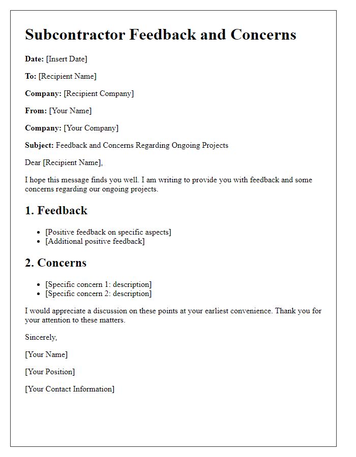 Letter template of subcontractor feedback and concerns