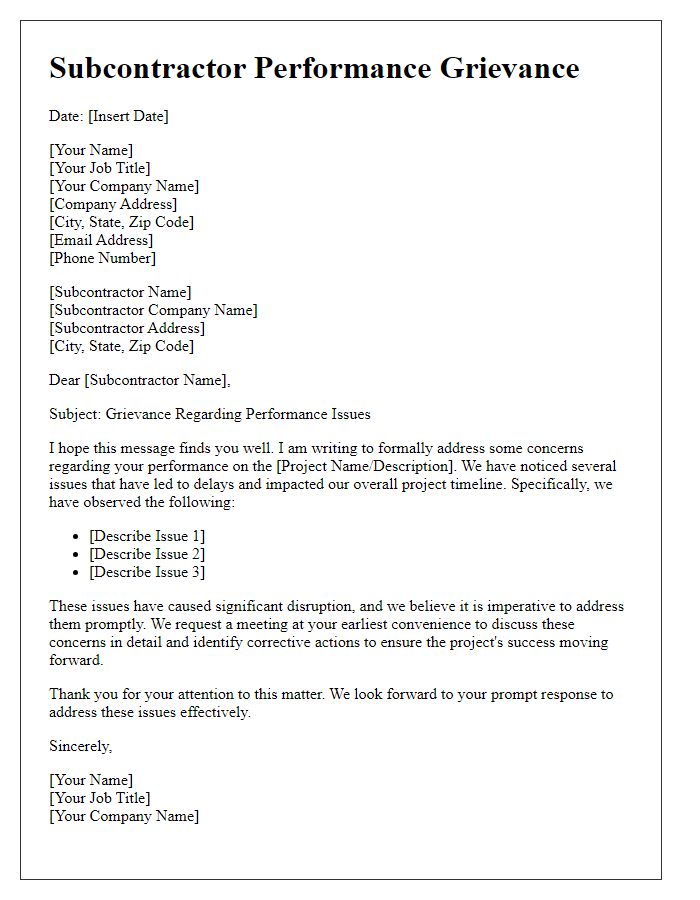 Letter template of subcontractor performance grievance