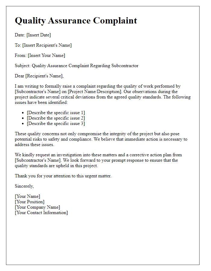 Letter template of subcontractor quality assurance complaint