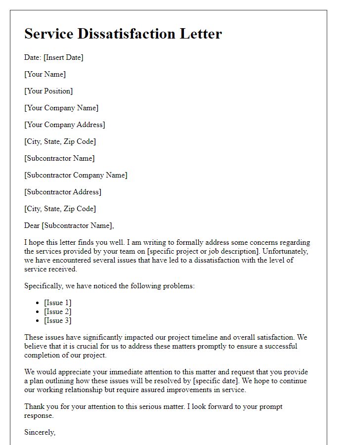 Letter template of subcontractor service dissatisfaction letter