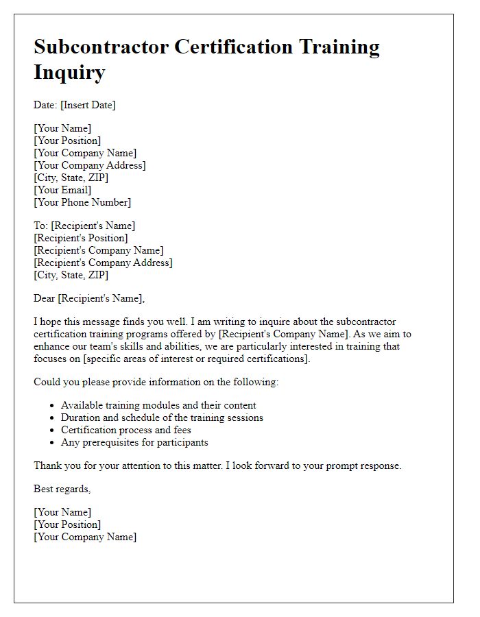 Letter template of subcontractor certification training inquiry