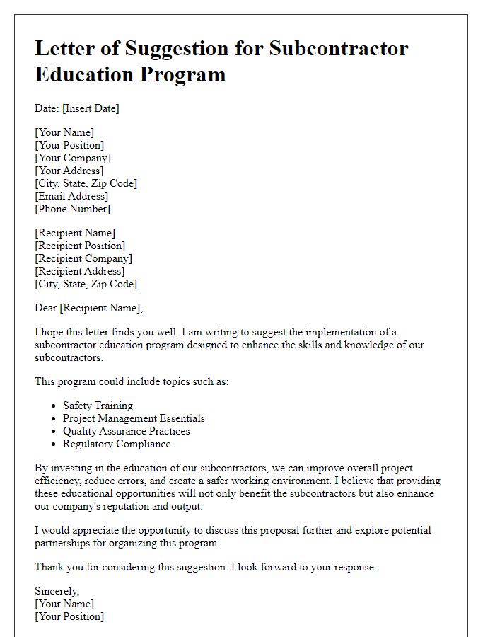 Letter template of subcontractor education program suggestion