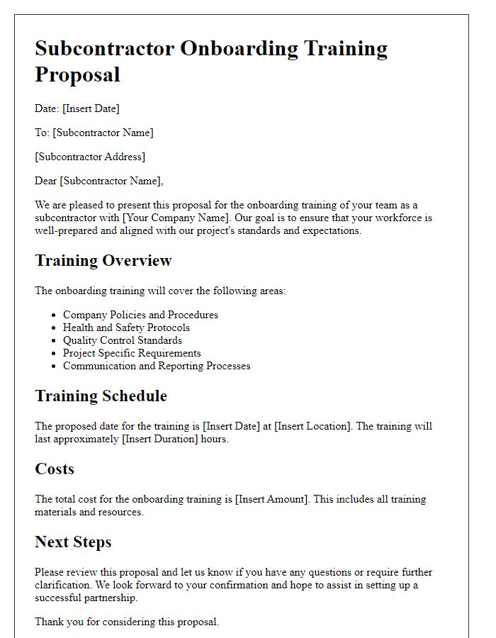 Letter template of subcontractor onboarding training proposal