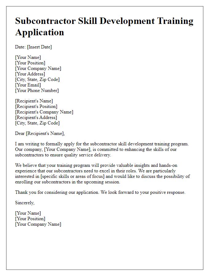 Letter template of subcontractor skill development training application