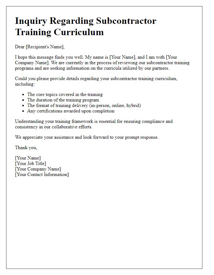 Letter template of subcontractor training curriculum inquiry