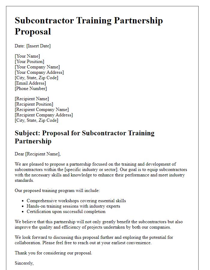 Letter template of subcontractor training partnership proposal