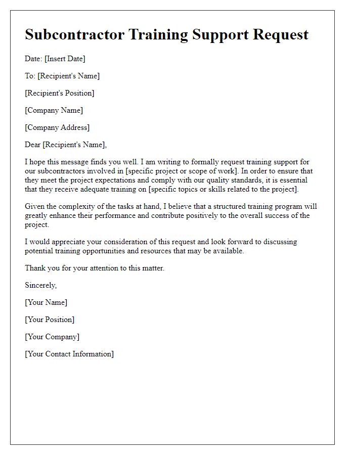 Letter template of subcontractor training support request