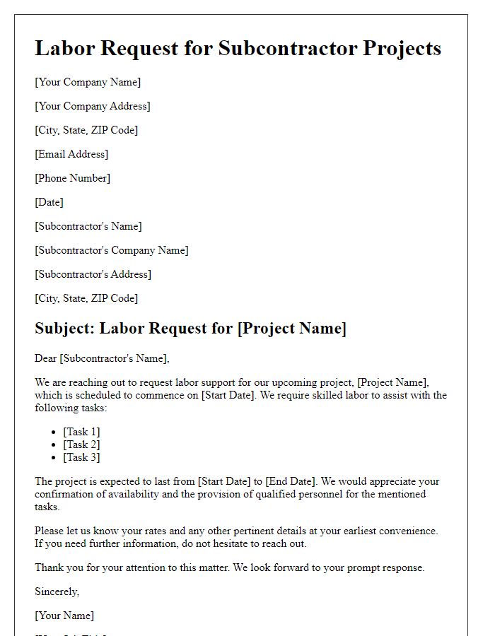 Letter template of labor request for subcontractor projects