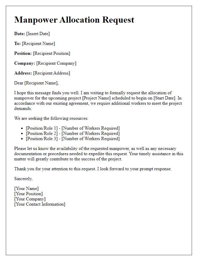 Letter template of subcontractor manpower allocation request