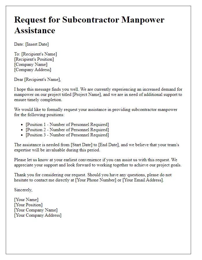 Letter template of subcontractor manpower assistance request