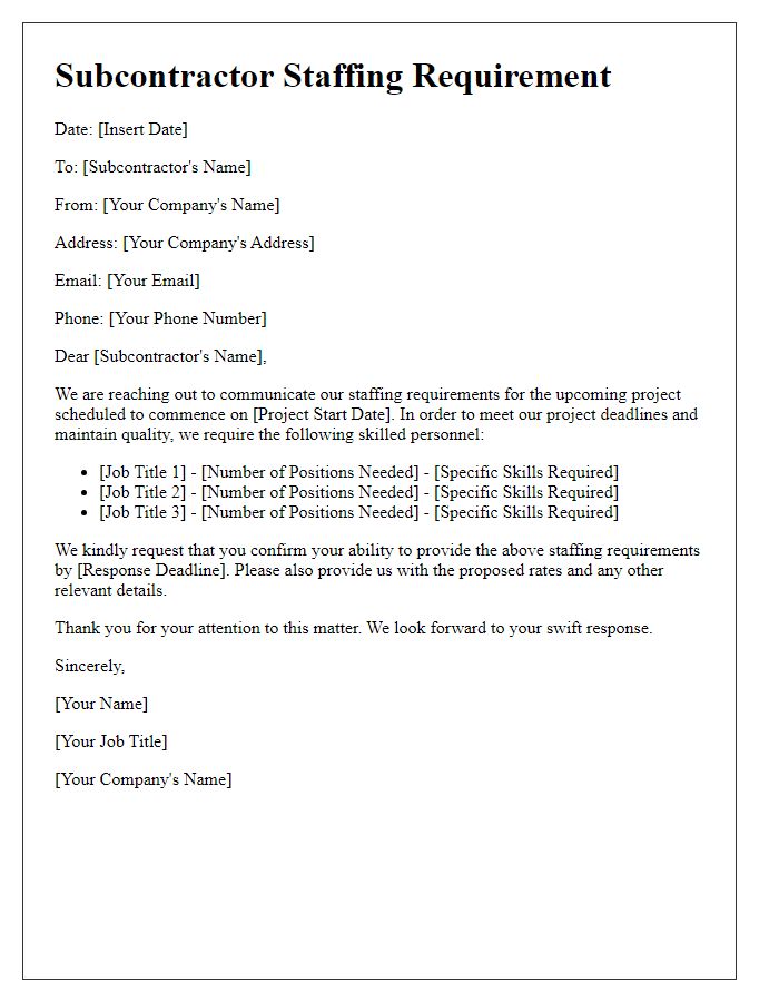 Letter template of subcontractor staffing requirement